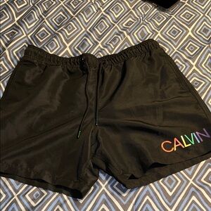 Calvin Klein Black Swim Trunks with Rainbow CALVIN Logo